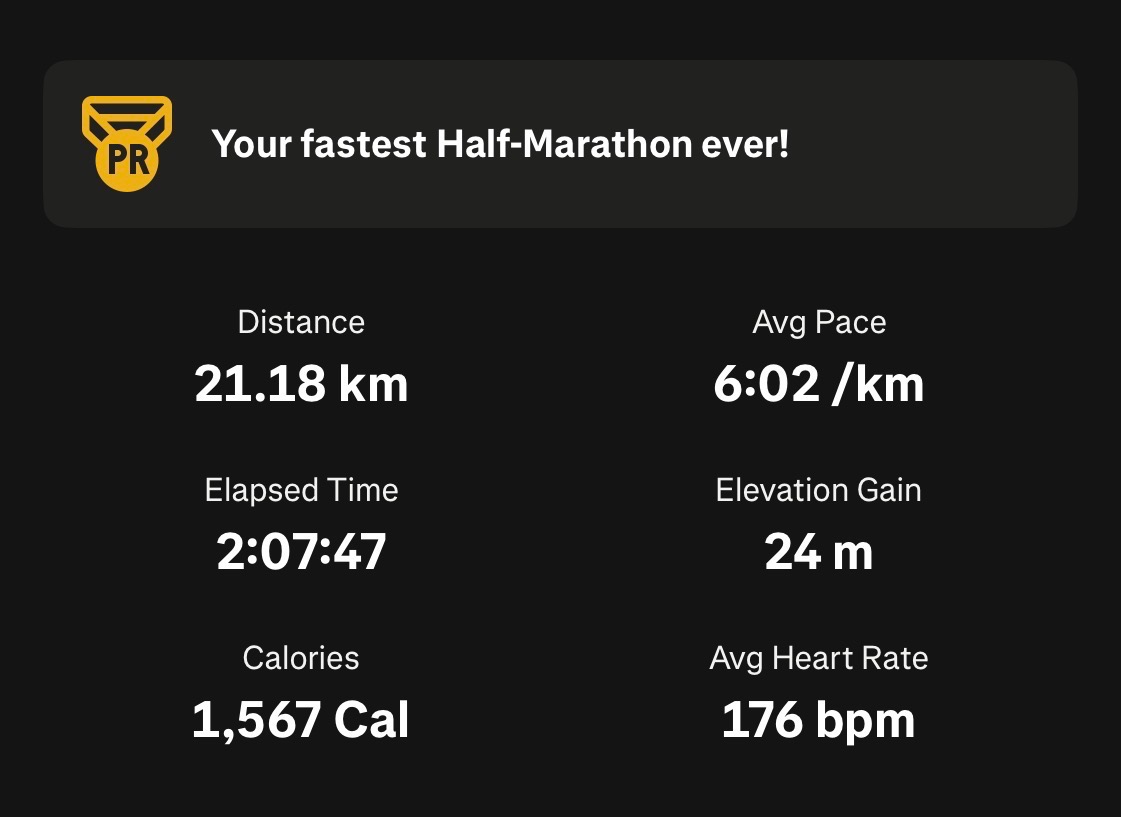 Strava summary — watch time was 2:07:47, chip time was 2:07:03